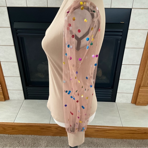 Polka Dot Chiffon Ruched Puff Sleeve Party Top, Women’s Sz M - Picture 3 of 9